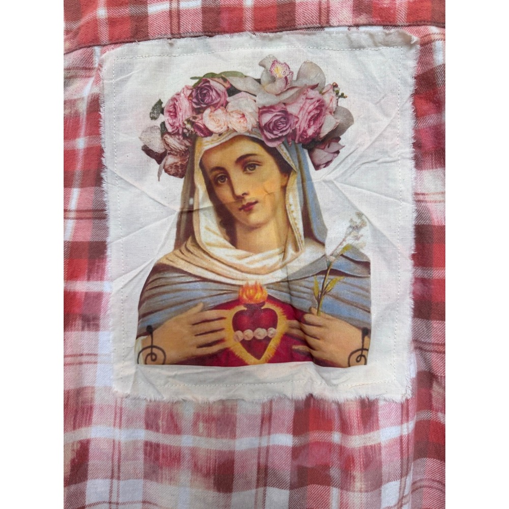 Sacred Heart Mary Flannel Small Upcycled Cotton Shirt Boho Folk Art - Picture 2 of 9
